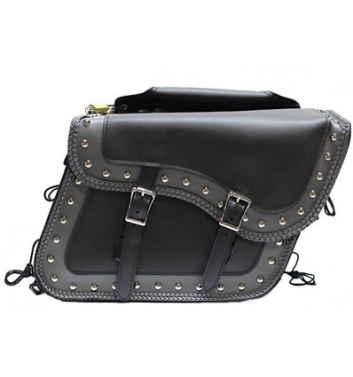 Large Size Motorcycle Saddlebags with studs and braided edges and grey stripe