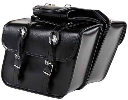 Medium Sized Black Motorcycle Saddlebags with Decorative Conchos